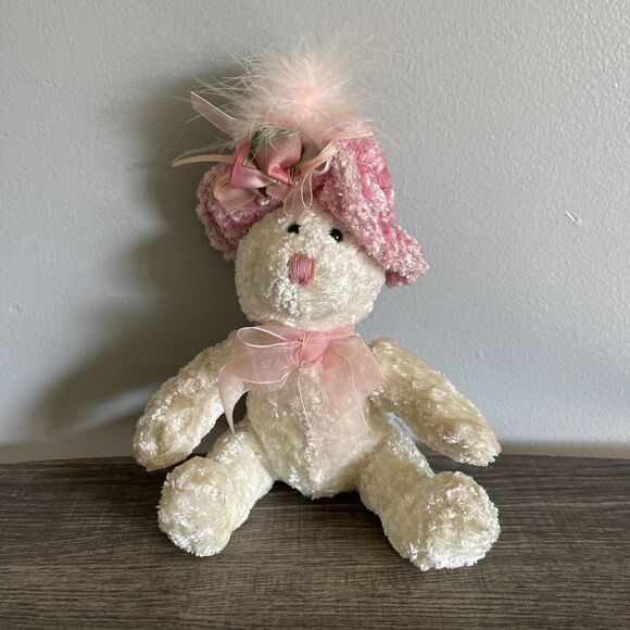 Dan Dee Victorian White Teddy Bear Plush Pink Hat & Neck Ribbon Stuffed Toy 10” - Picture 1 of 8